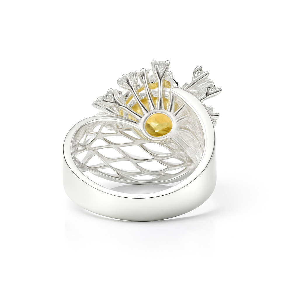 Natural Yellow Citrine Flower Silver Ring
