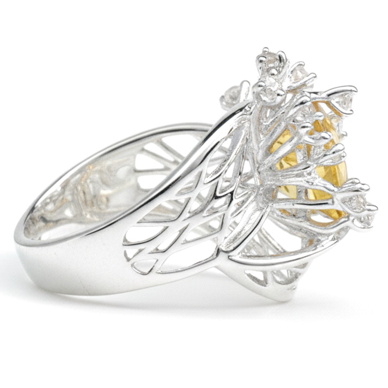 Natural Yellow Citrine Flower Silver Ring