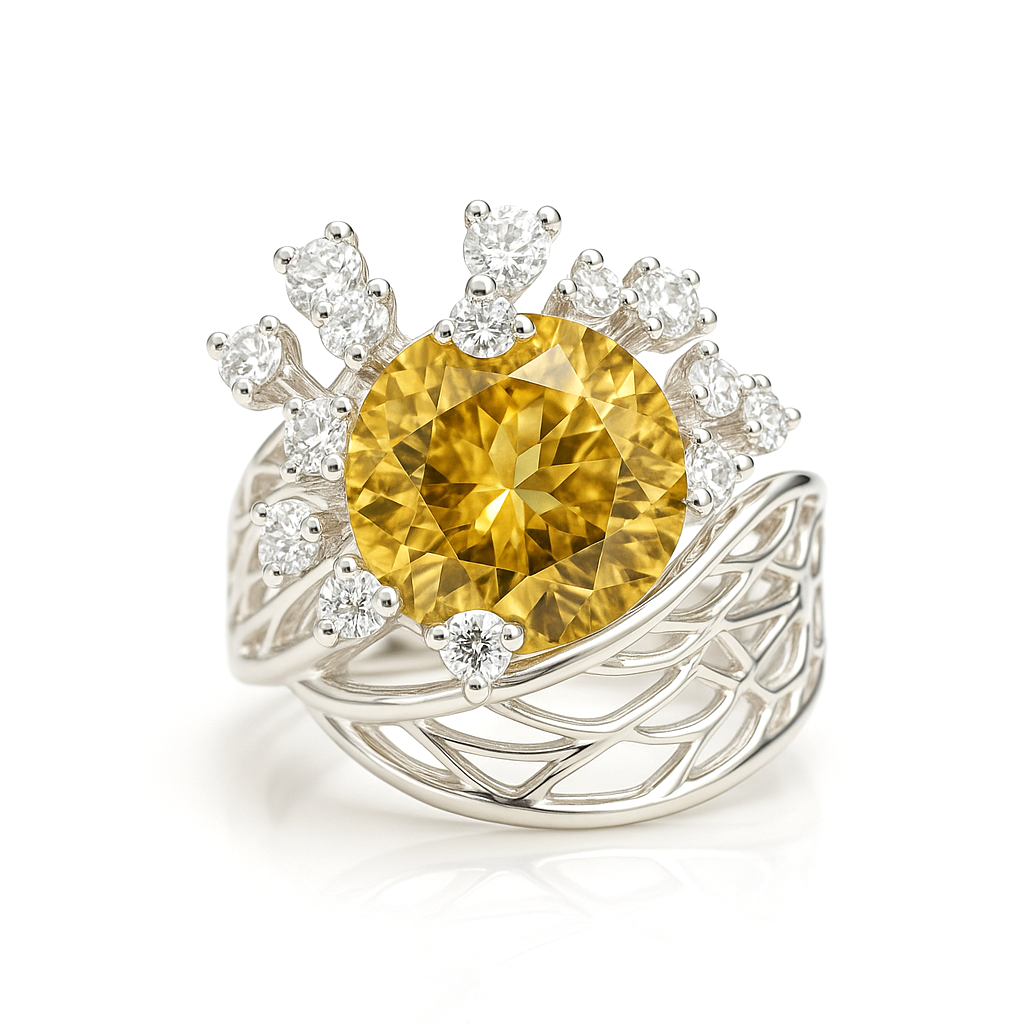 Natural Yellow Citrine Flower Silver Ring
