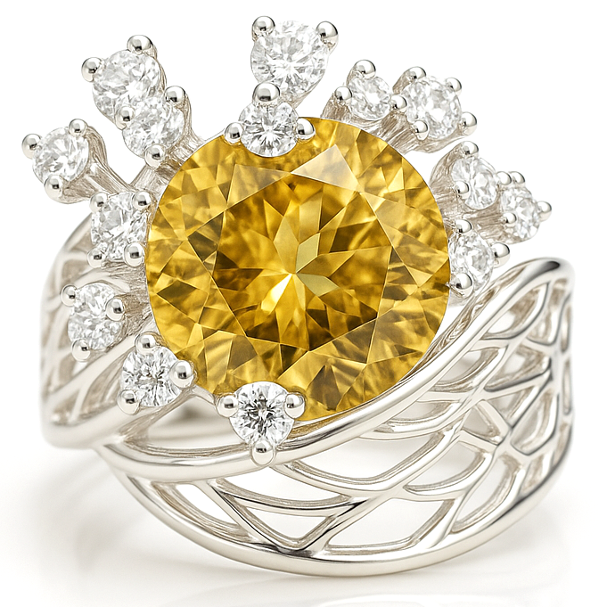 Natural Yellow Citrine Flower Silver Ring