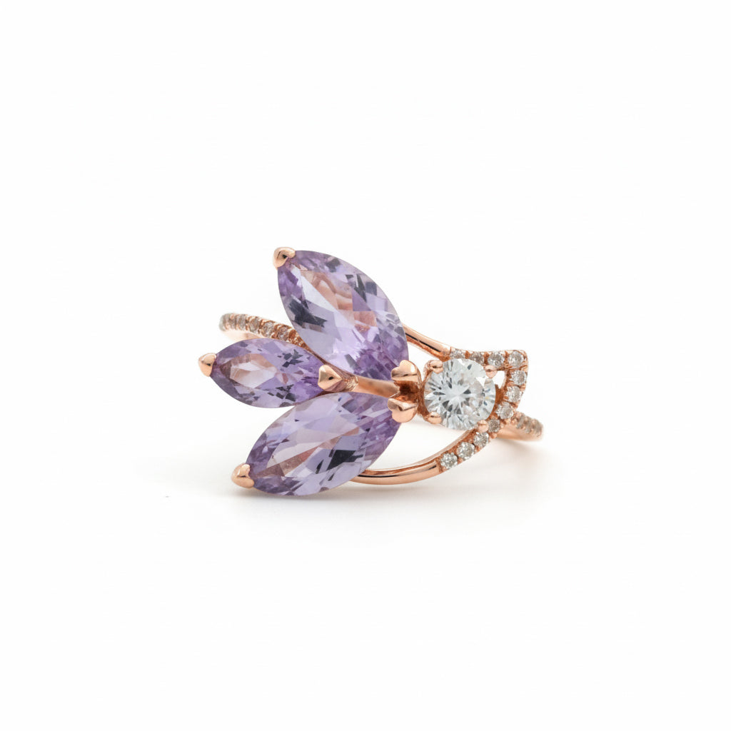 Natural Purple Amethyst Silver Unique Floral Ring