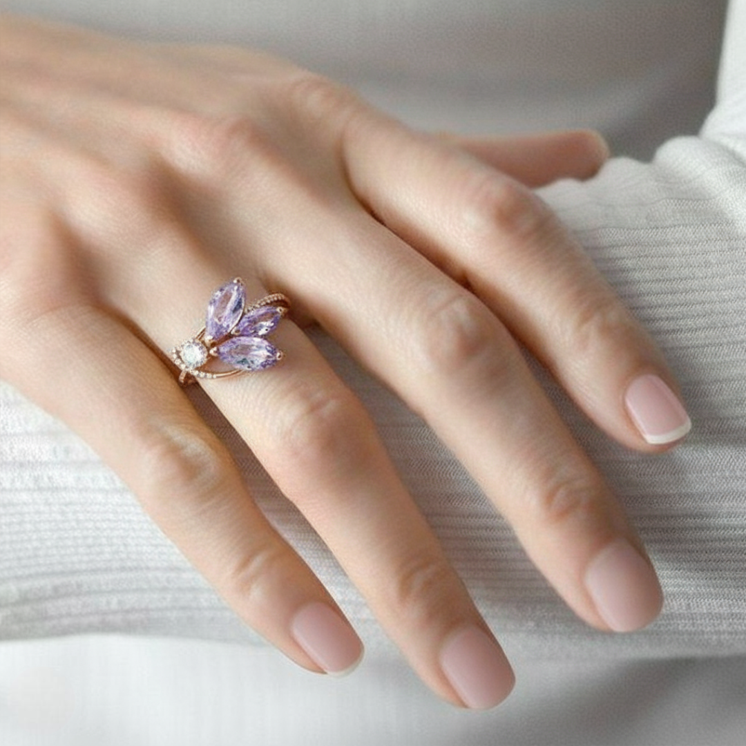Natural Purple Amethyst Silver Unique Floral Ring