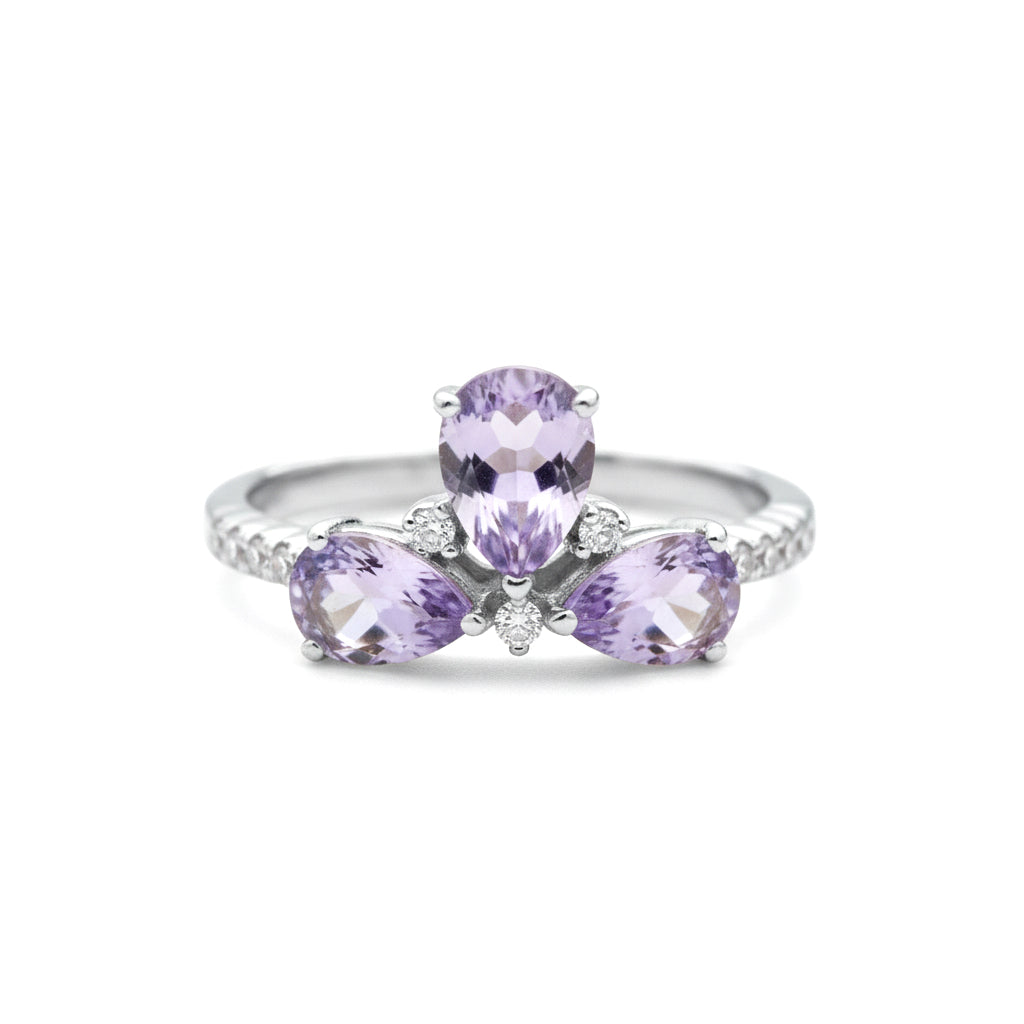 Natural Purple Amethyst Silver 3 Stone Ring
