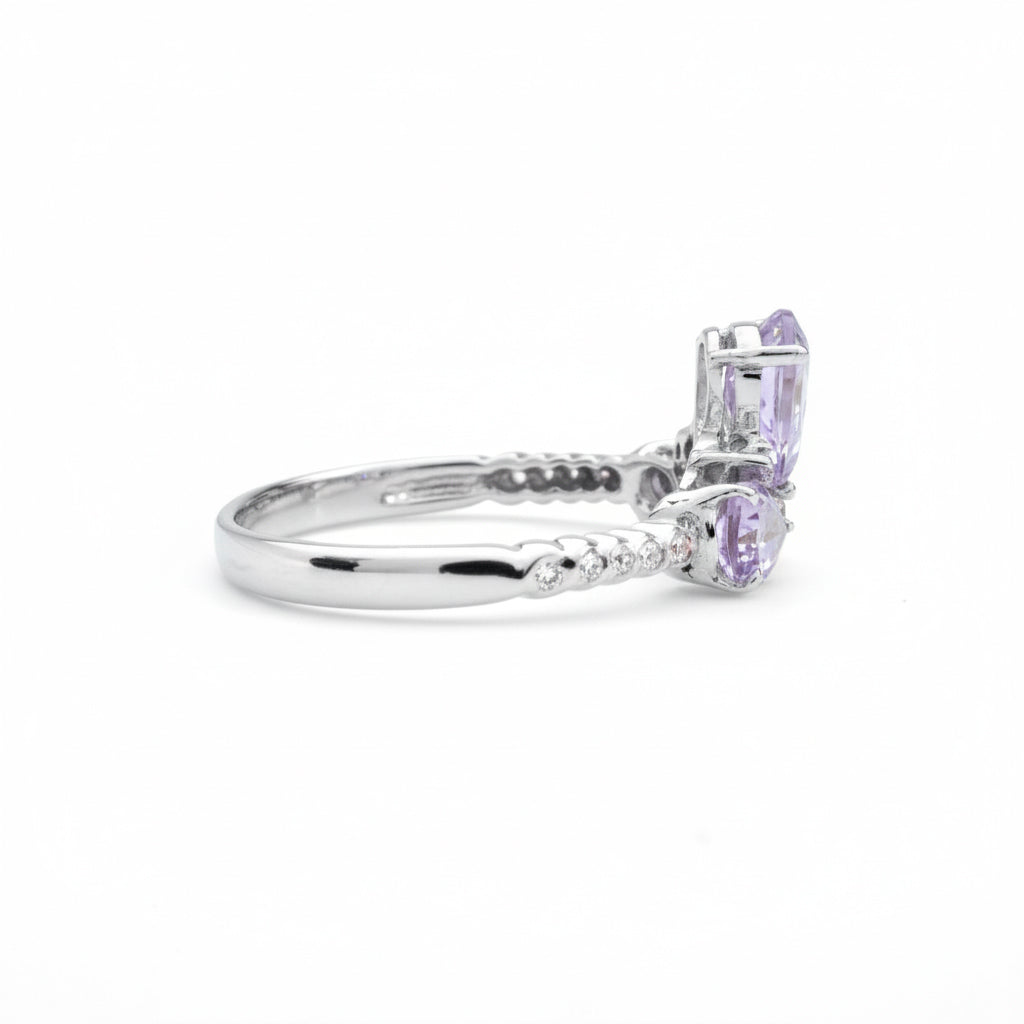 Natural Purple Amethyst Silver 3 Stone Ring