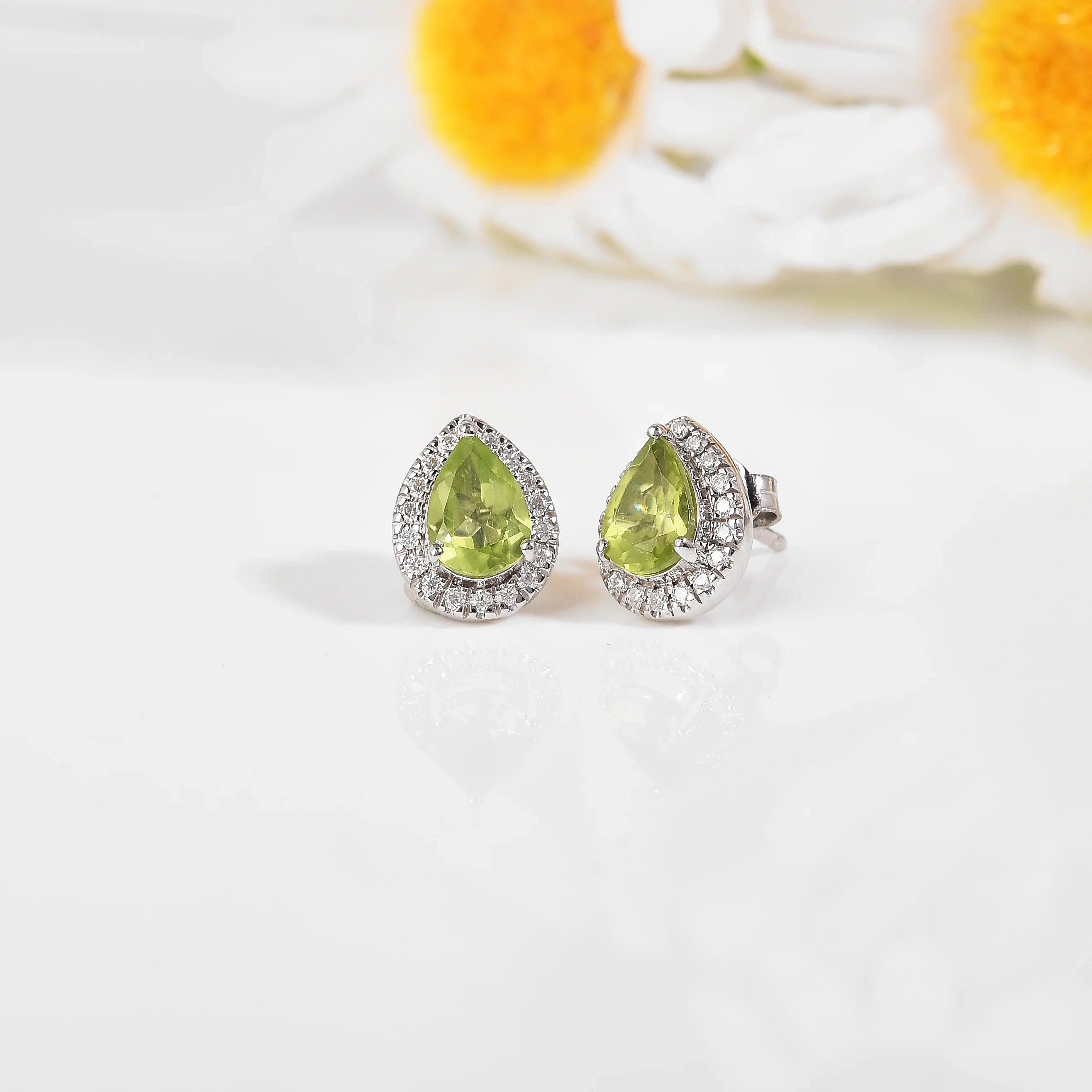 Natural Peridot Pear Shaped Halo Studs Earrings