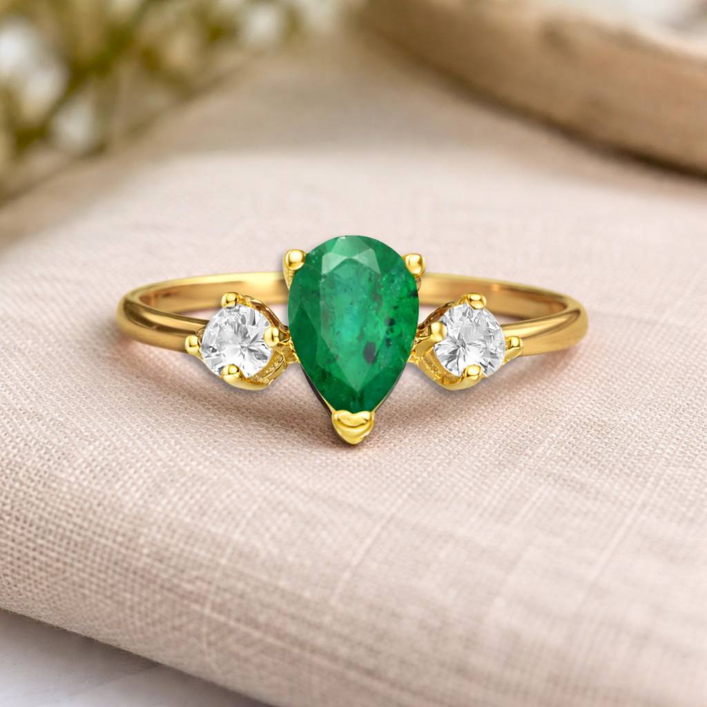 22k Gold Vermeil Three Stone Emerald Teardrop Ring Fine Color Jewels