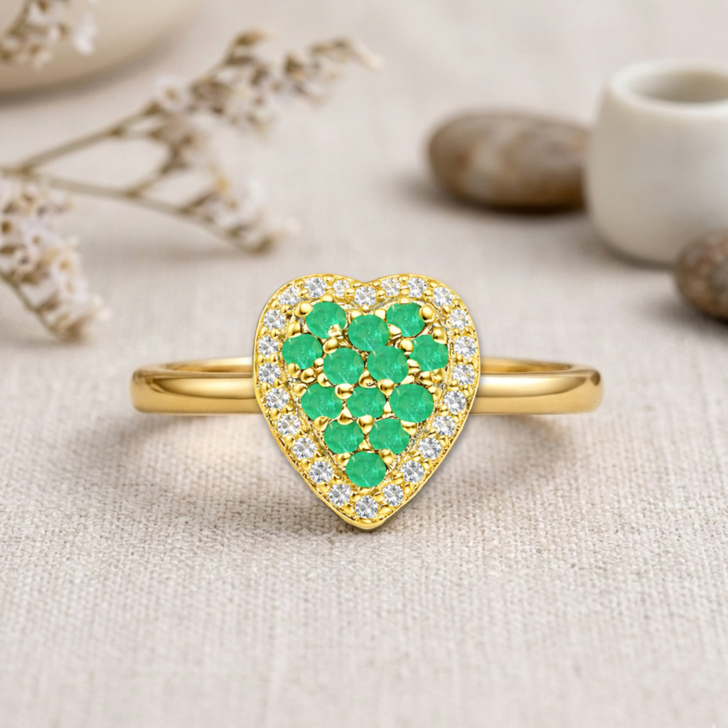 22k Gold Vermeil Emerald Fashion Heart Ring Fine Color Jewels