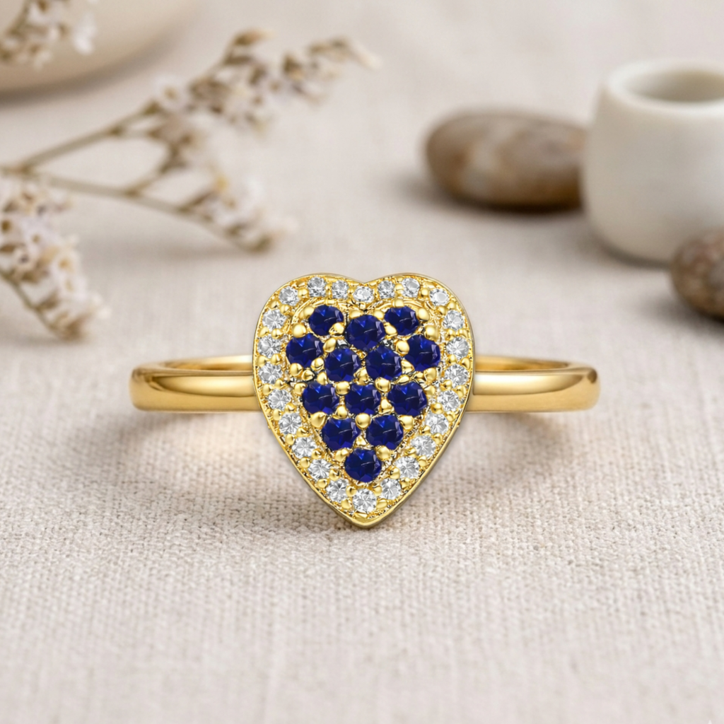 22k Gold Vermeil Blue Sapphire Fashion Heart Ring Fine Color Jewels