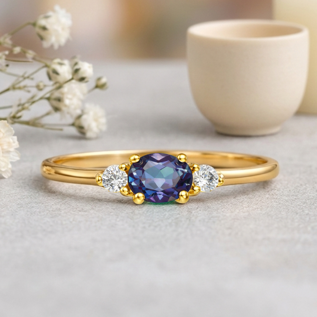 22k Gold Vermeil Alexandrite Oval Three Stone Ring Fine Color Jewels