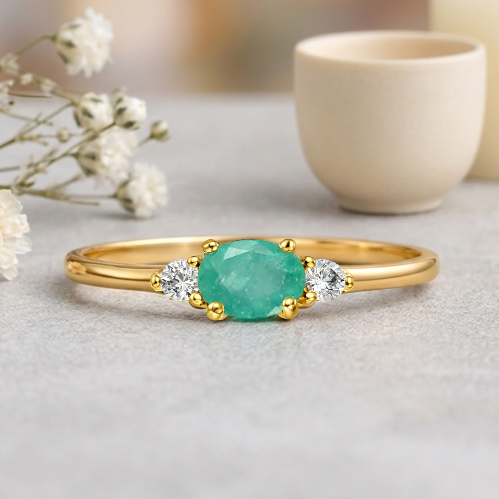 22k Gold Vermeil Emerald Oval Three Stone Ring
