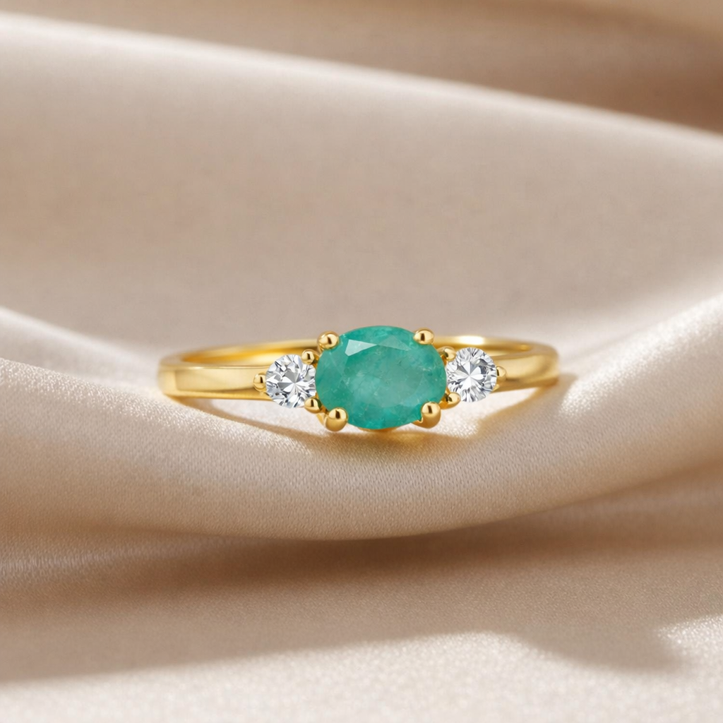 22k Gold Vermeil Emerald Oval Three Stone Ring