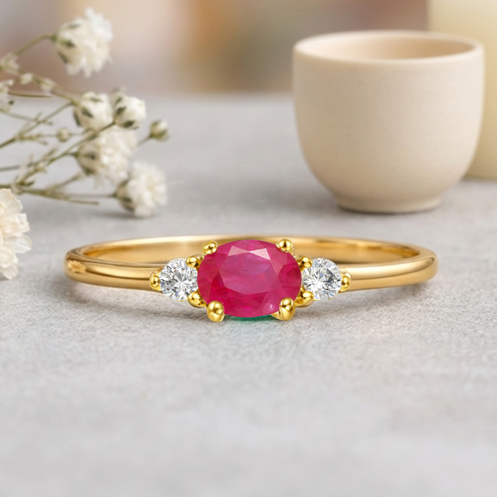 22k Gold Vermeil Ruby Oval Three Stone Ring Fine Color Jewels
