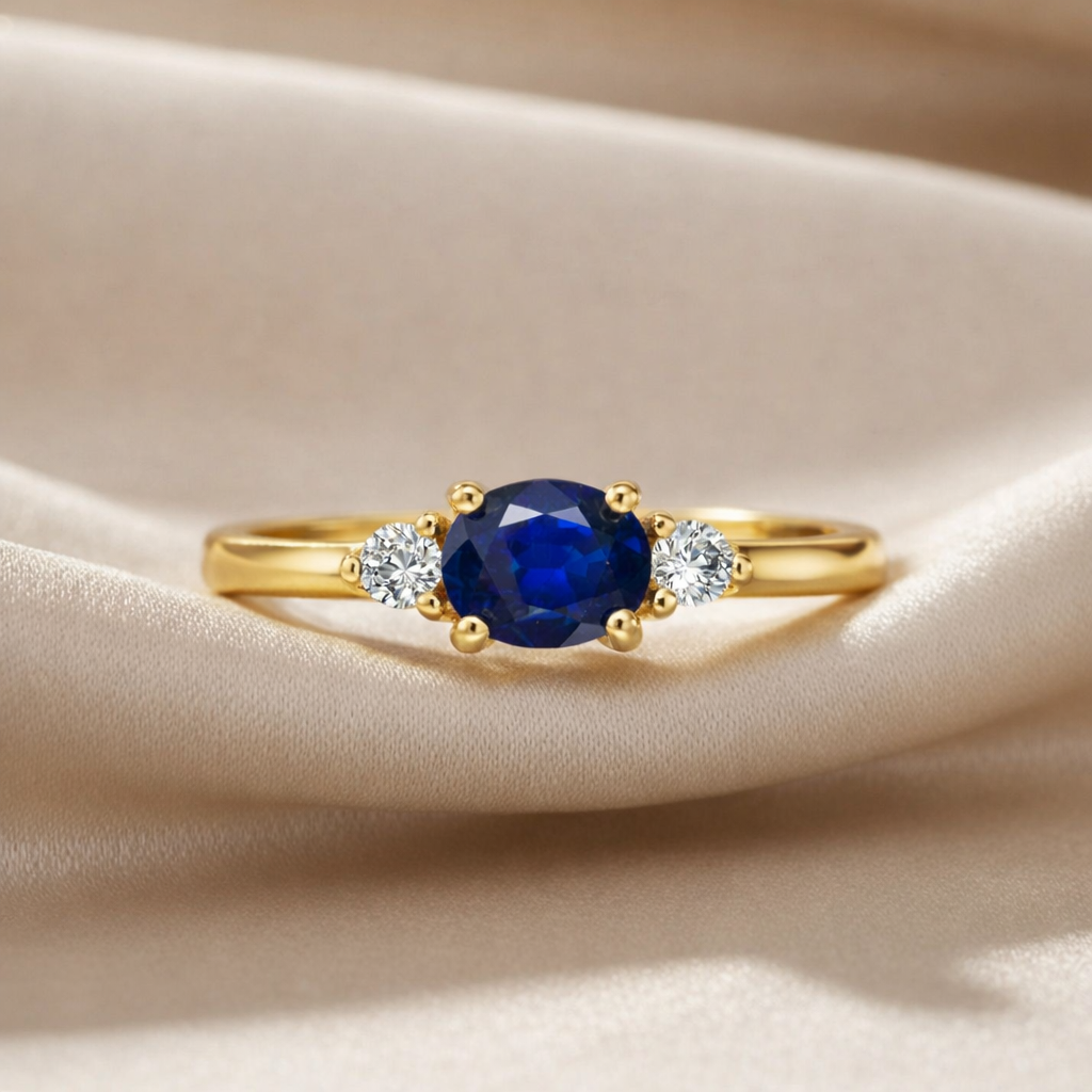 22k Gold Vermeil Blue Sapphire Oval Three Stone Ring