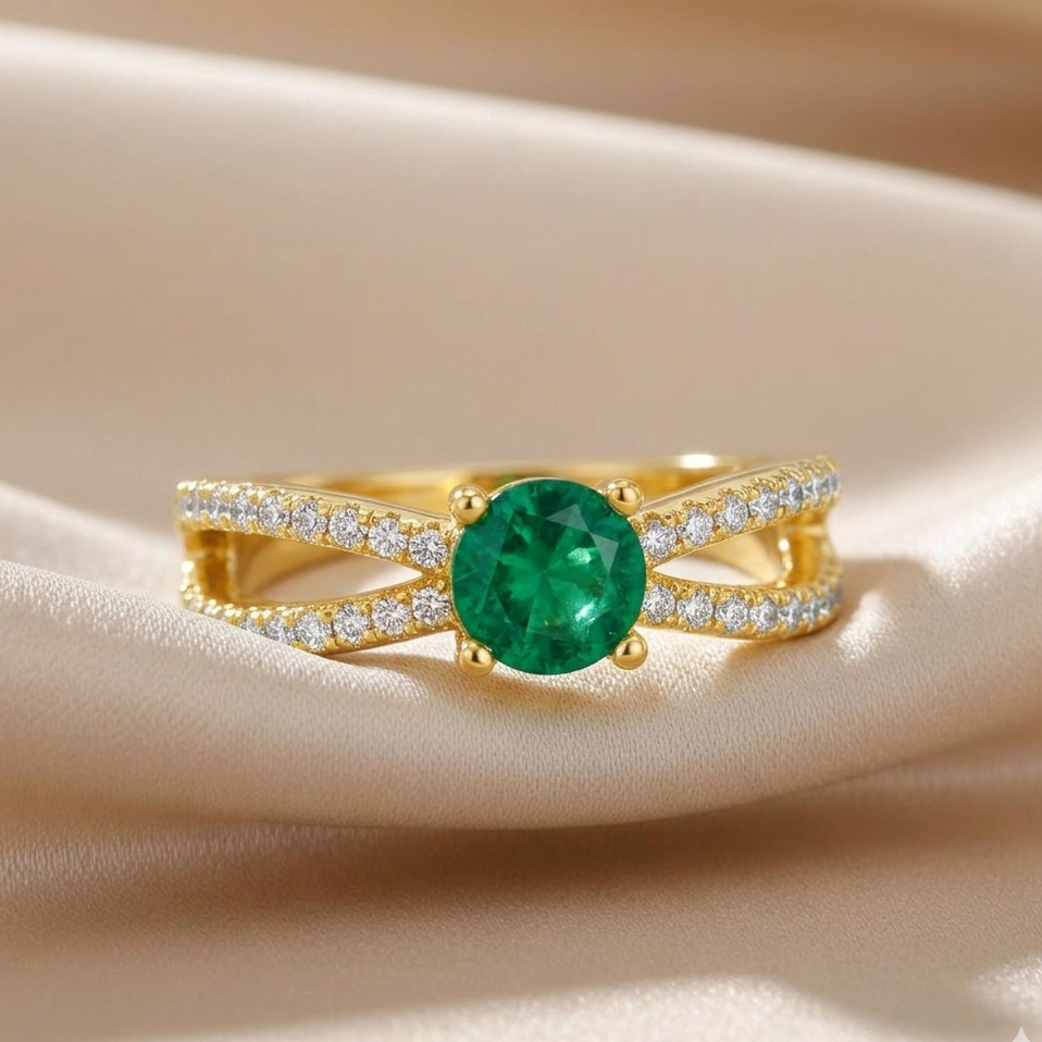 0.60 Ct Round Green Emerald and White Sapphire Prong 22K Gold Vermeil Split Band Pave Engagement Ring