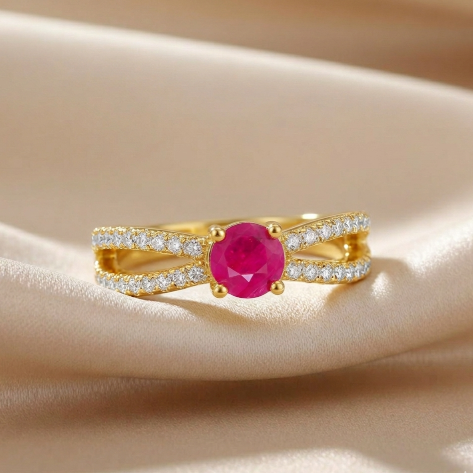 0.40 Ct Round Red Ruby 22k Gold Vermeil Split Band Prong Pave Ring