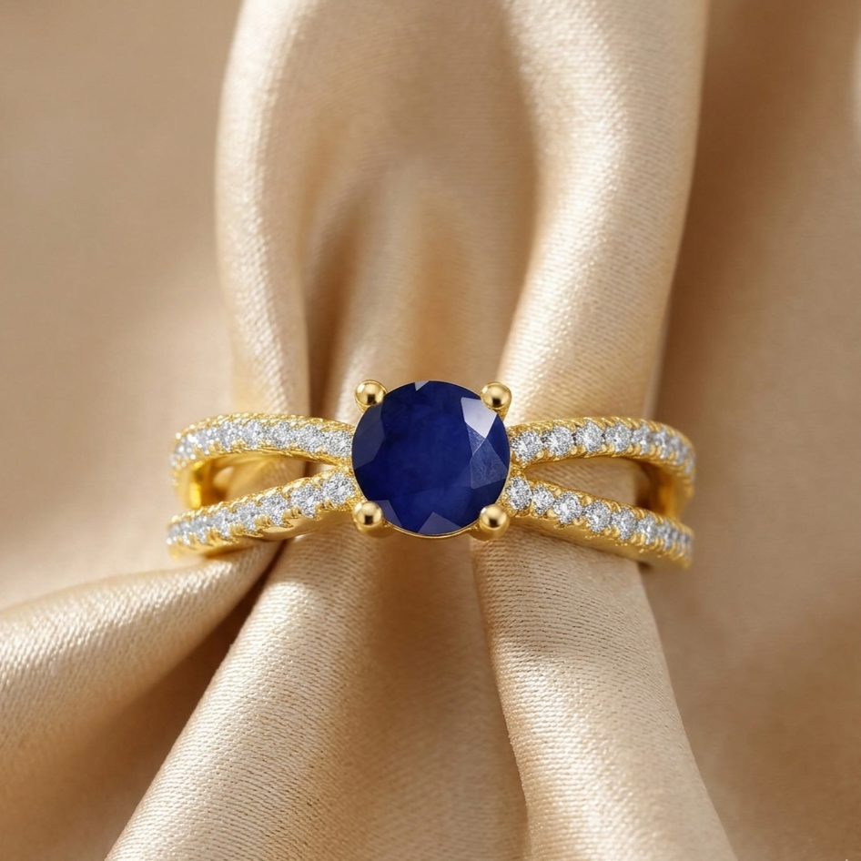 0.60 Ct Oval Blue Sapphire and White Sapphire Prong 22k Gold Vermeil Split Band Pave Wedding Ring