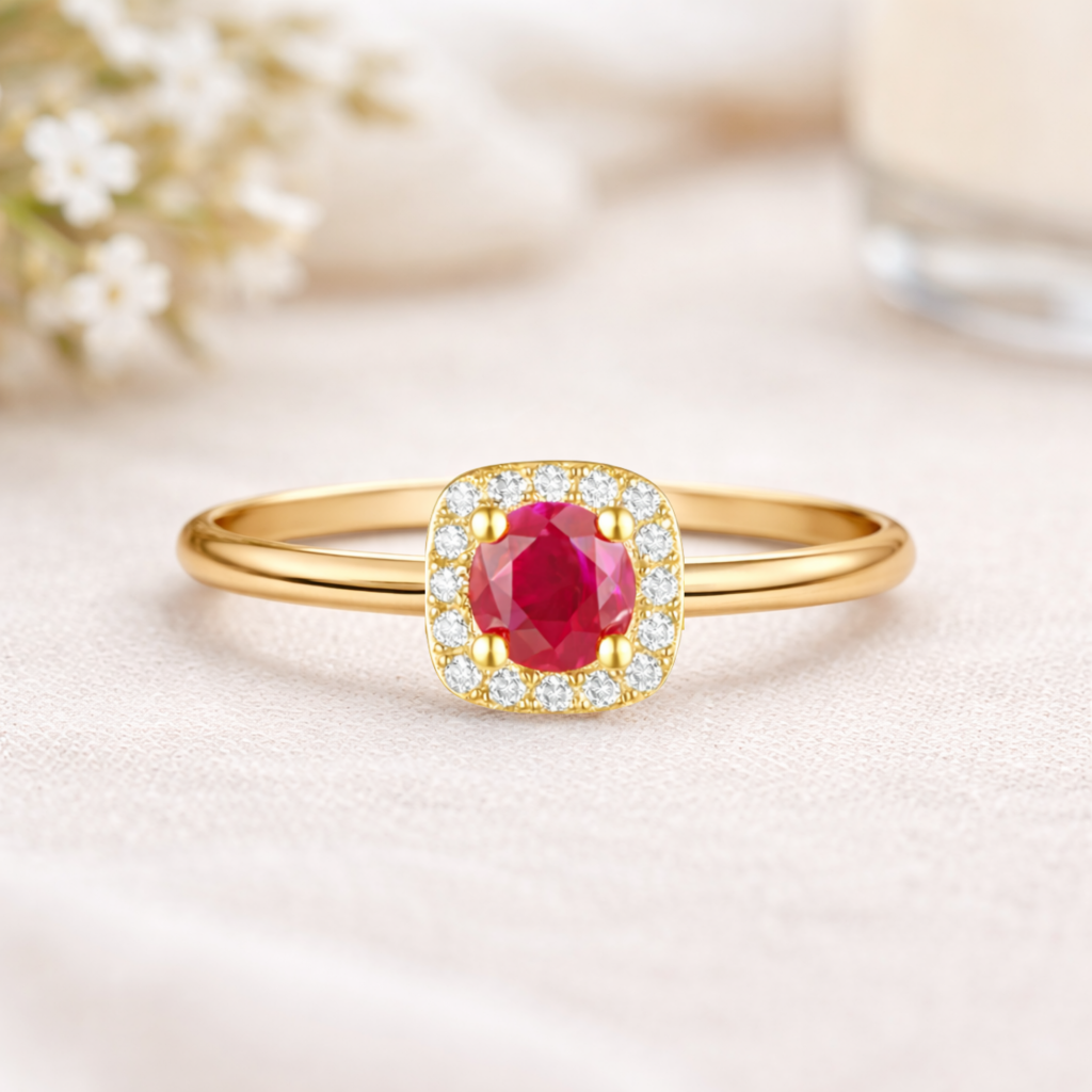 22k Gold Vermeil Ruby Halo Ring Fine Color Jewels