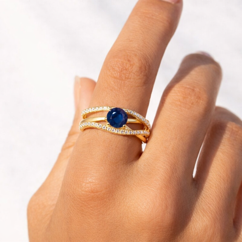 22k Gold Vermeil Blue Sapphire Split Band Fashion Ring Fine Color Jewels