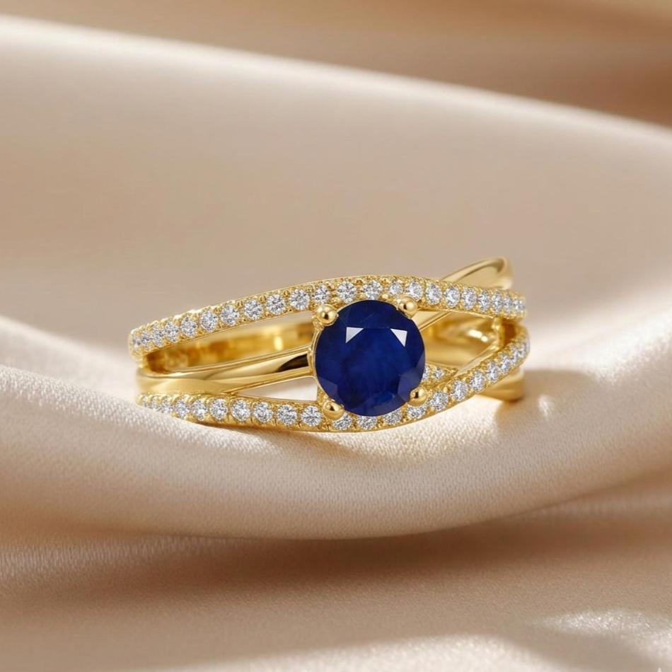 0.65 Ct Round Blue Sapphire and White Sapphire Prong 22k Gold Vermeil Pave Split Band Ring