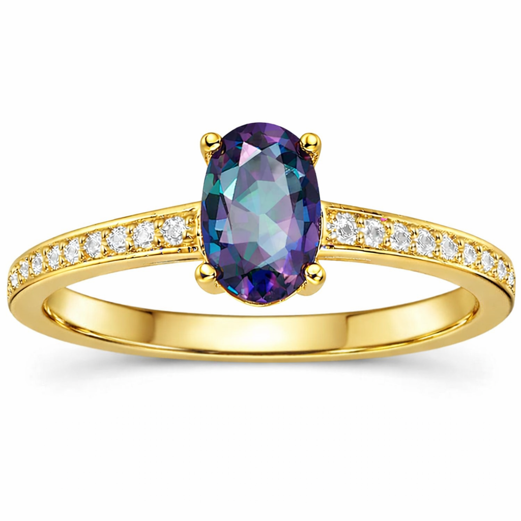 22k Yellow Gold Vermeil Gold Oval Alexandrite Pave Solitaire Ring