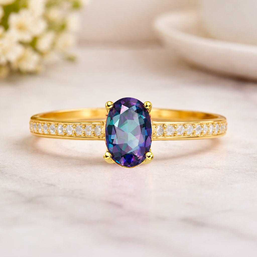 22k Yellow Gold Vermeil Gold Oval Alexandrite Pave Solitaire Ring Fine Color Jewels