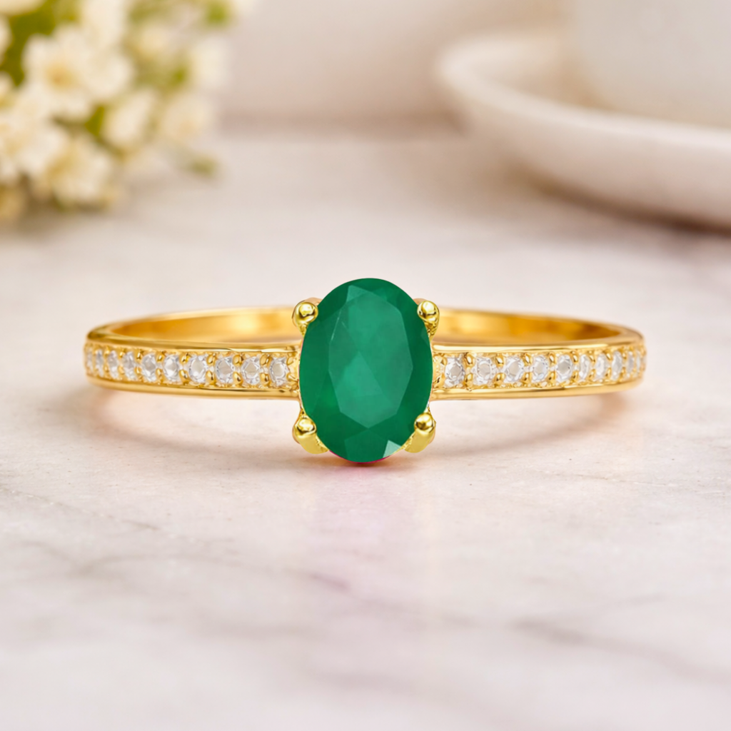 22k Yellow Gold Vermeil Oval Emerald Pave Solitaire Ring Fine Color Jewels