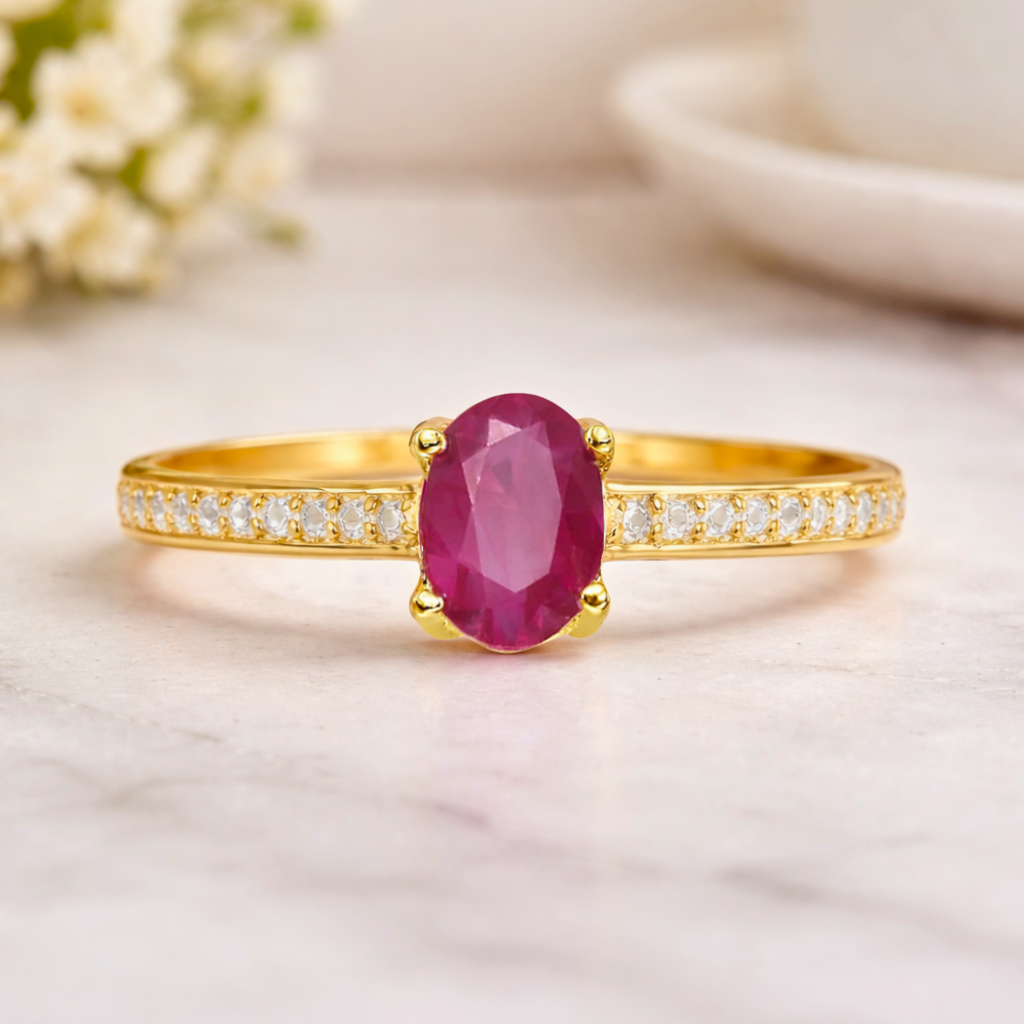 22k Yellow Gold Vermeil Oval Ruby Pave Solitaire Ring Fine Color Jewels