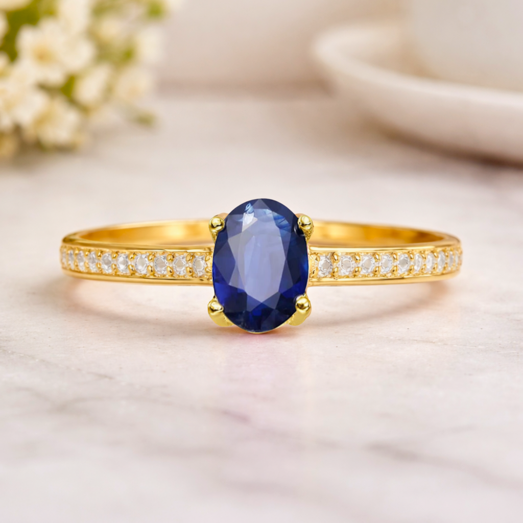 22k Yellow Gold Vermeil Oval Blue Sapphire Pave Solitaire Ring Fine Color Jewels