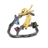 Multi Color Snail and Bird Fashion Ring, Nature inspired gold plated snail ring for women