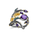 Amethyst gold plated petal ring, pear shape gemstone, green, purple, spiral ring, nature inspired ring, affordable ring, statement ring