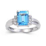 Blue Topaz Ring, Octagon Emerald Cut Silver Ring, Emerald Cut Blue Topaz Cocktail Ring Accented with White Topaz Ring For Women, Gift for Mom
