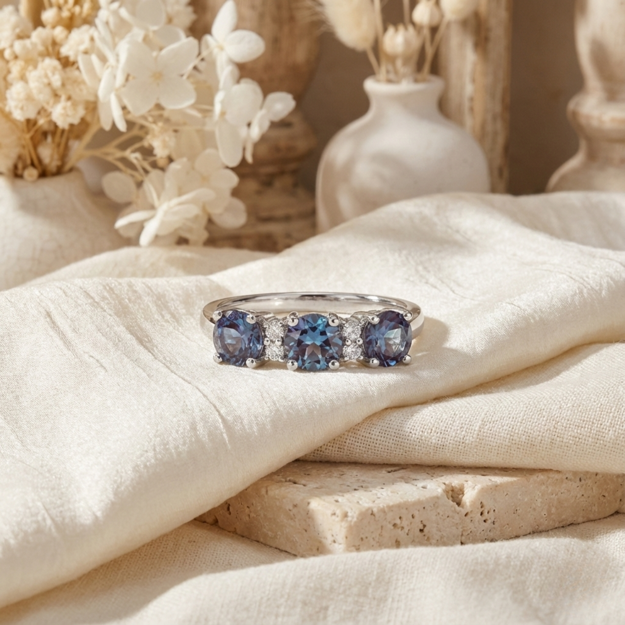 Bague à trois pierres en alexandrite