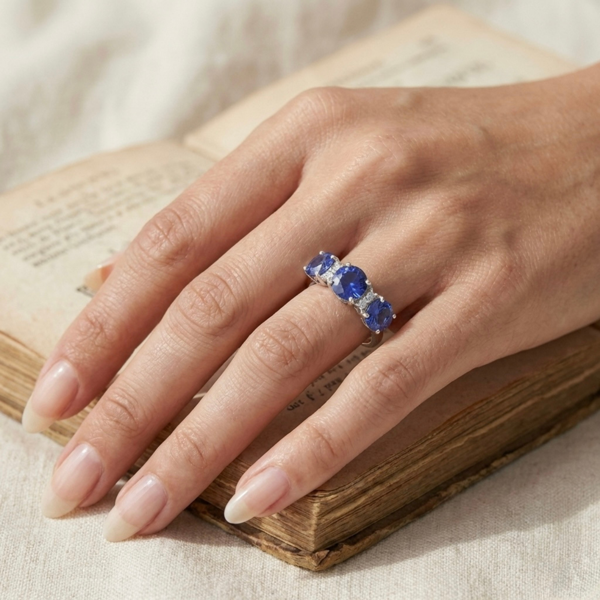 Three Stone Ceylon Blue Sapphire Ring
