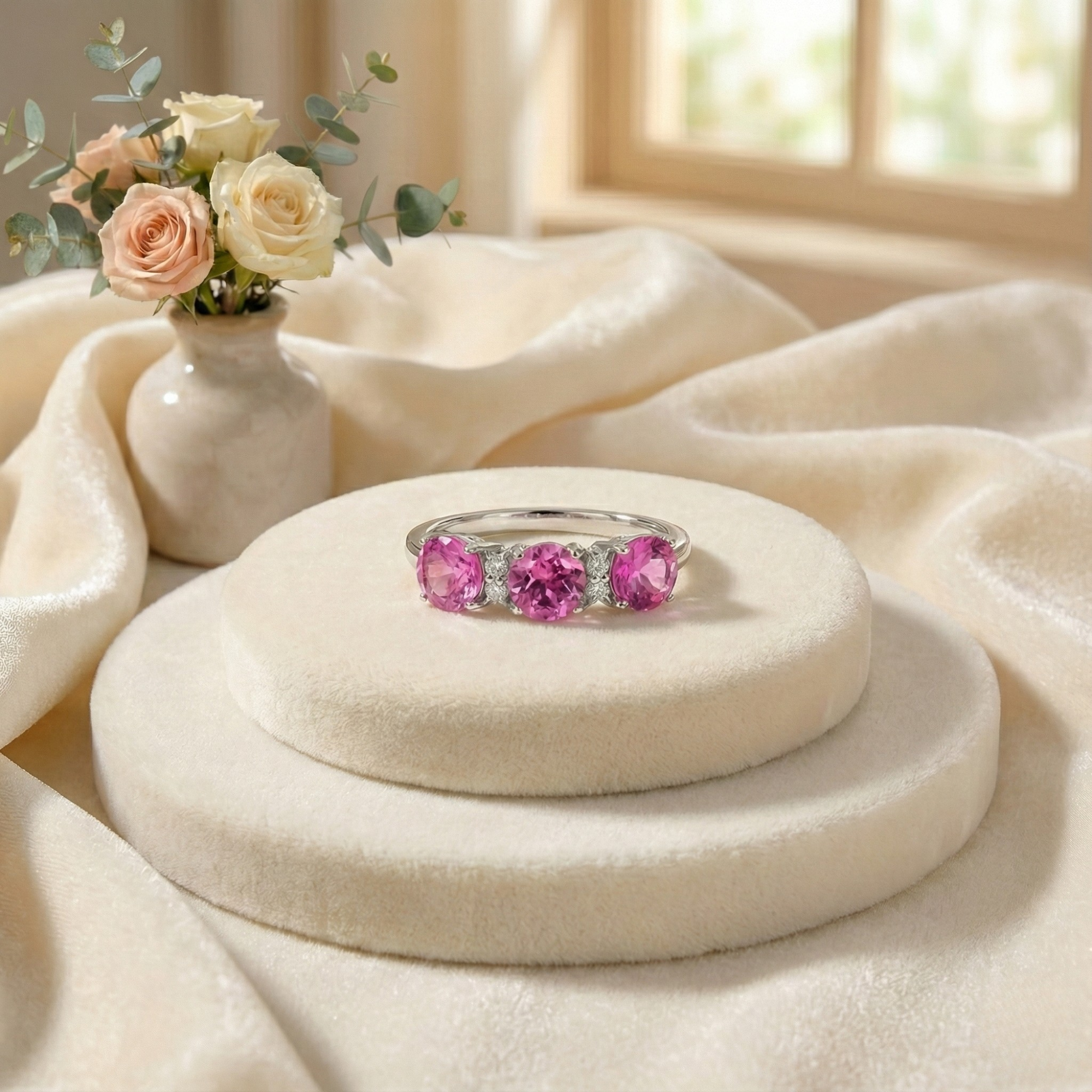 Bague à trois pierres avec saphir rose