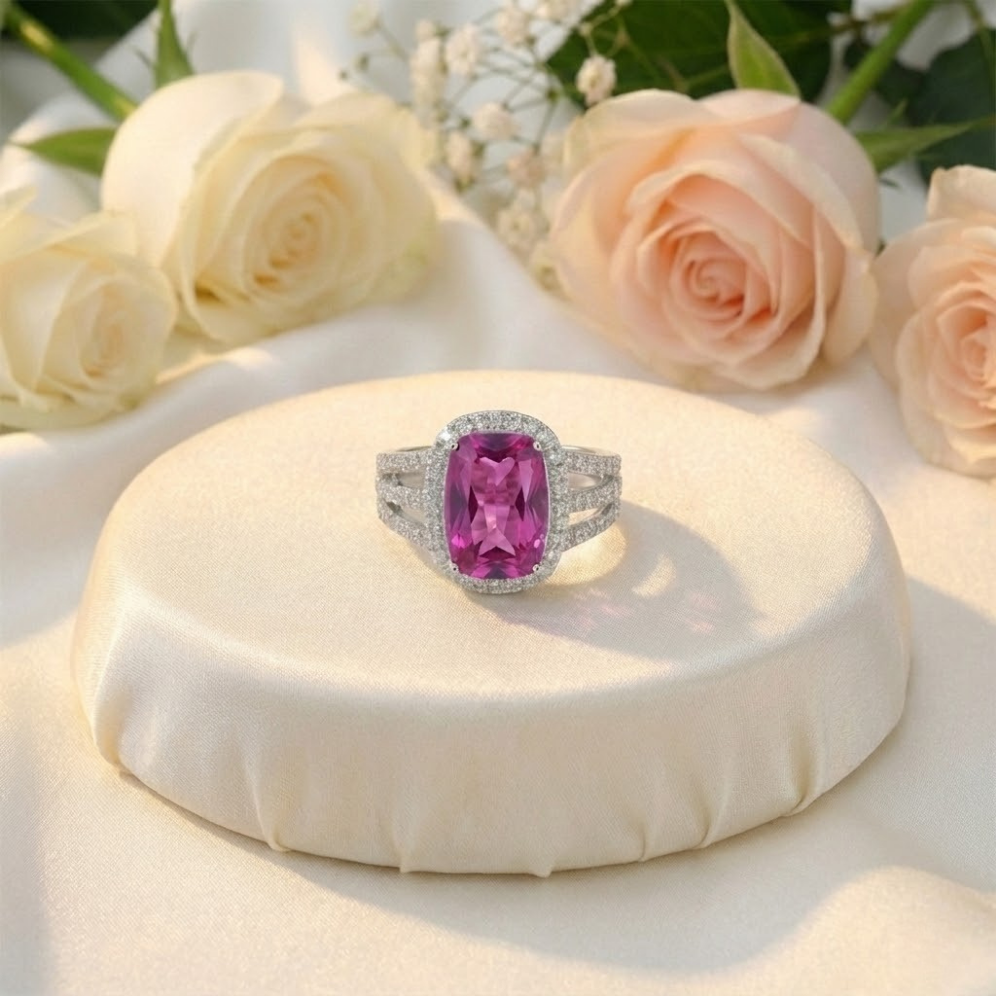 Anillo llamativo con zafiro morado en forma de cojín
