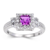 Barbiecore Fashion Halo Style ring, Purple Sapphire Square Halo Ring with Accents 