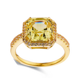 Asscher Cut Lab Grown Canary Yellow Sapphire, Topaz accented ring, Asscher cut halo ring, sapphire ring for her, 18K gold plated sterling silver ring