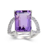 Statement Amethyst Emerald Cut White Topaz Ring, Sterling silver amethyst ring for women