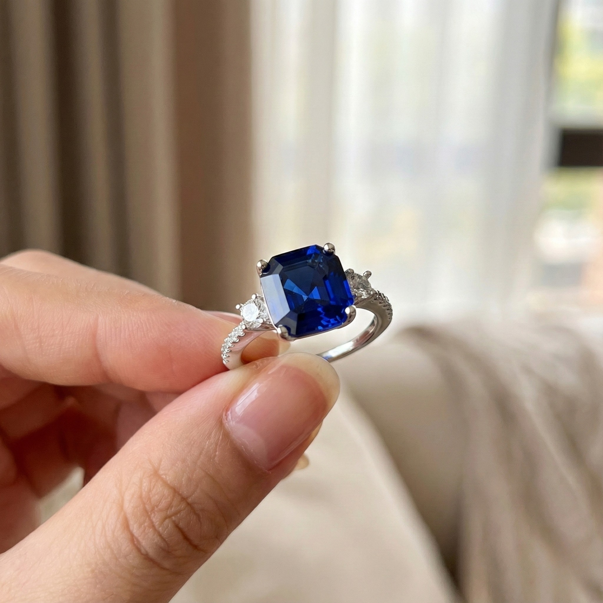 Anillo de tres piedras con zafiro de Ceilán tallado Asscher
