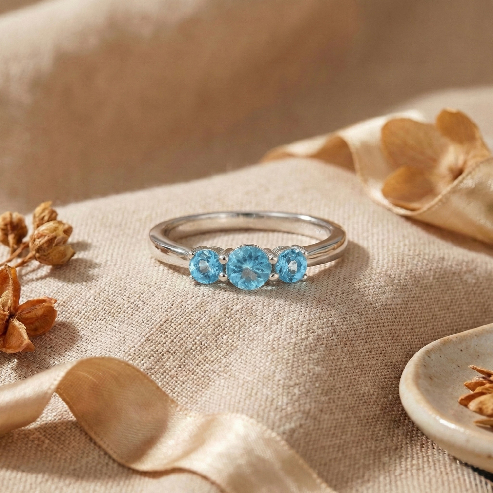 Natural Blue Paraiba Apatite Three Stone Ring