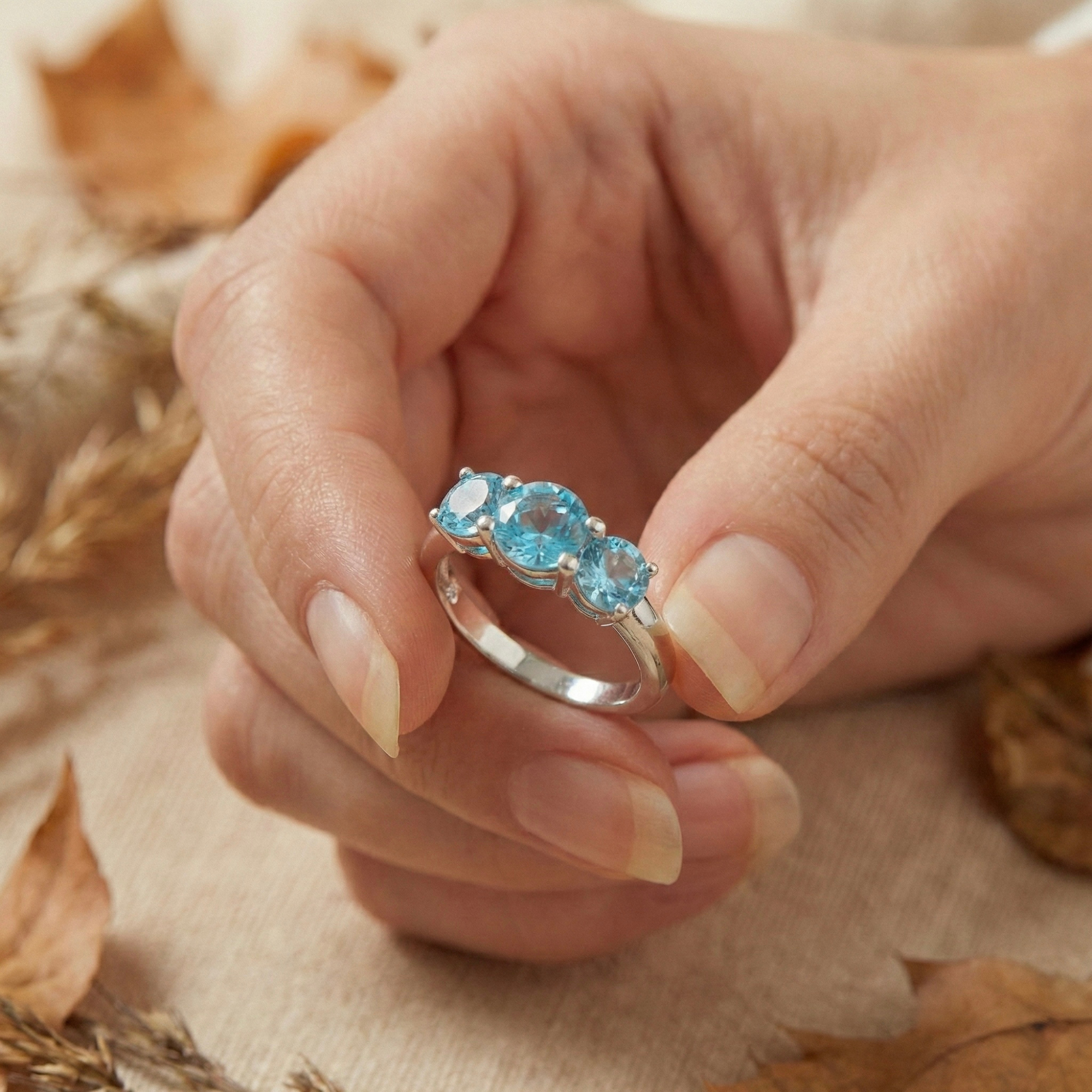 Natural Blue Paraiba Apatite Three Stone Ring
