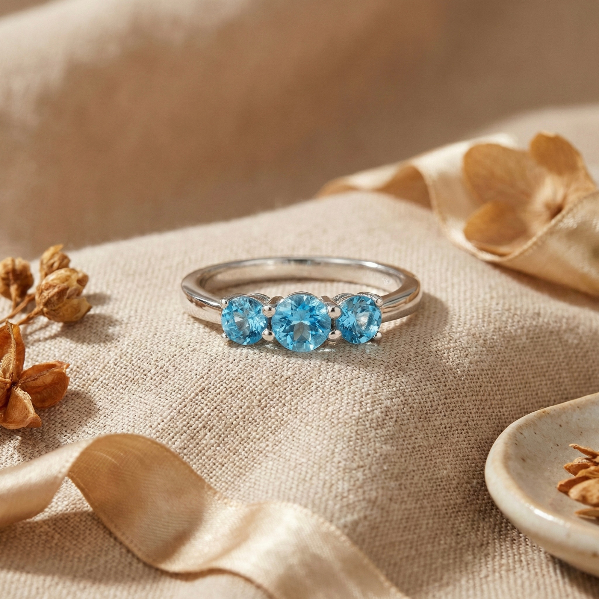 Natural Blue Paraiba Apatite Three Stone Ring