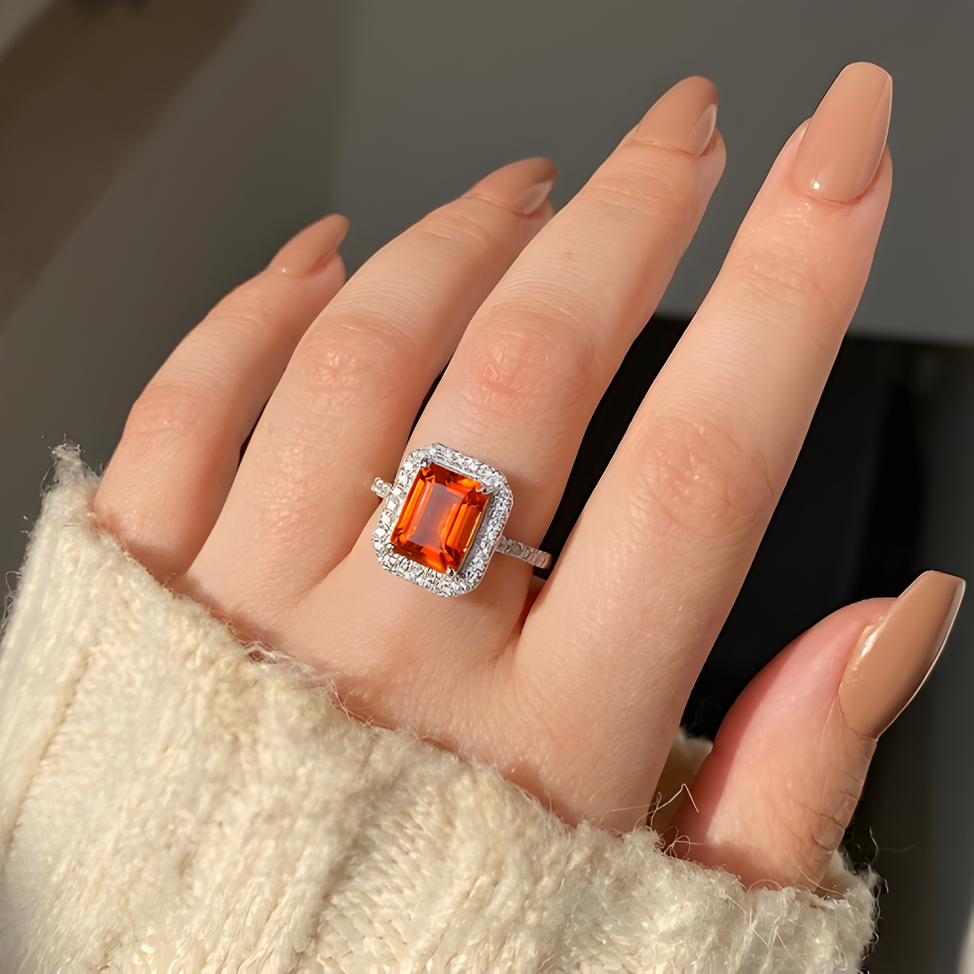 Bague halo octogonale en saphir pêche