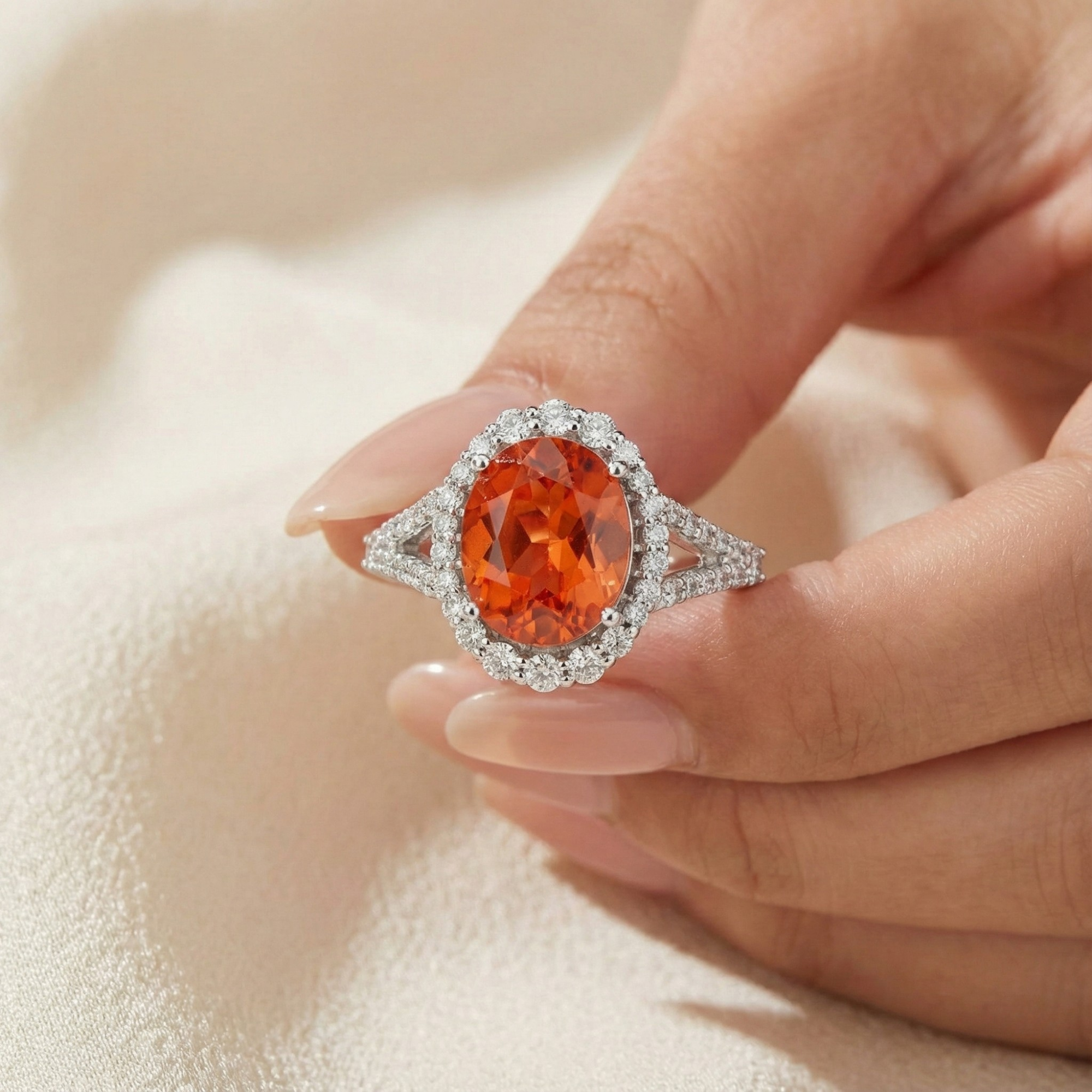 Anillo de zafiro Padparadscha ovalado