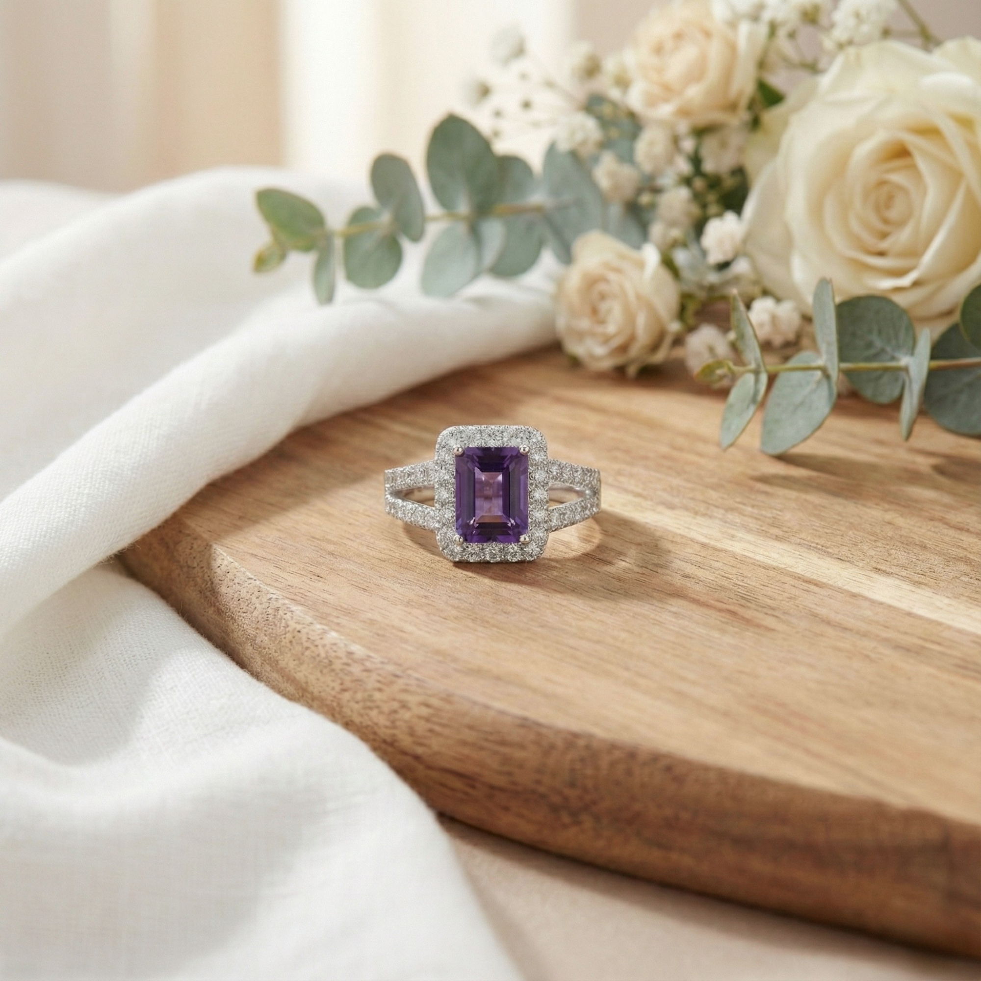 Bague halo octogonale en améthyste naturelle