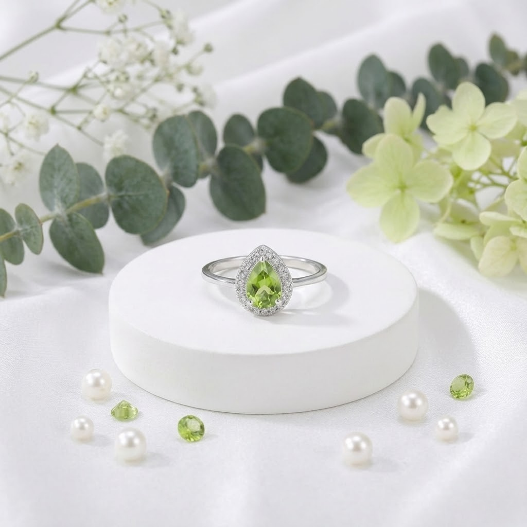 Natural Green Peridot Teardrop Halo Ring