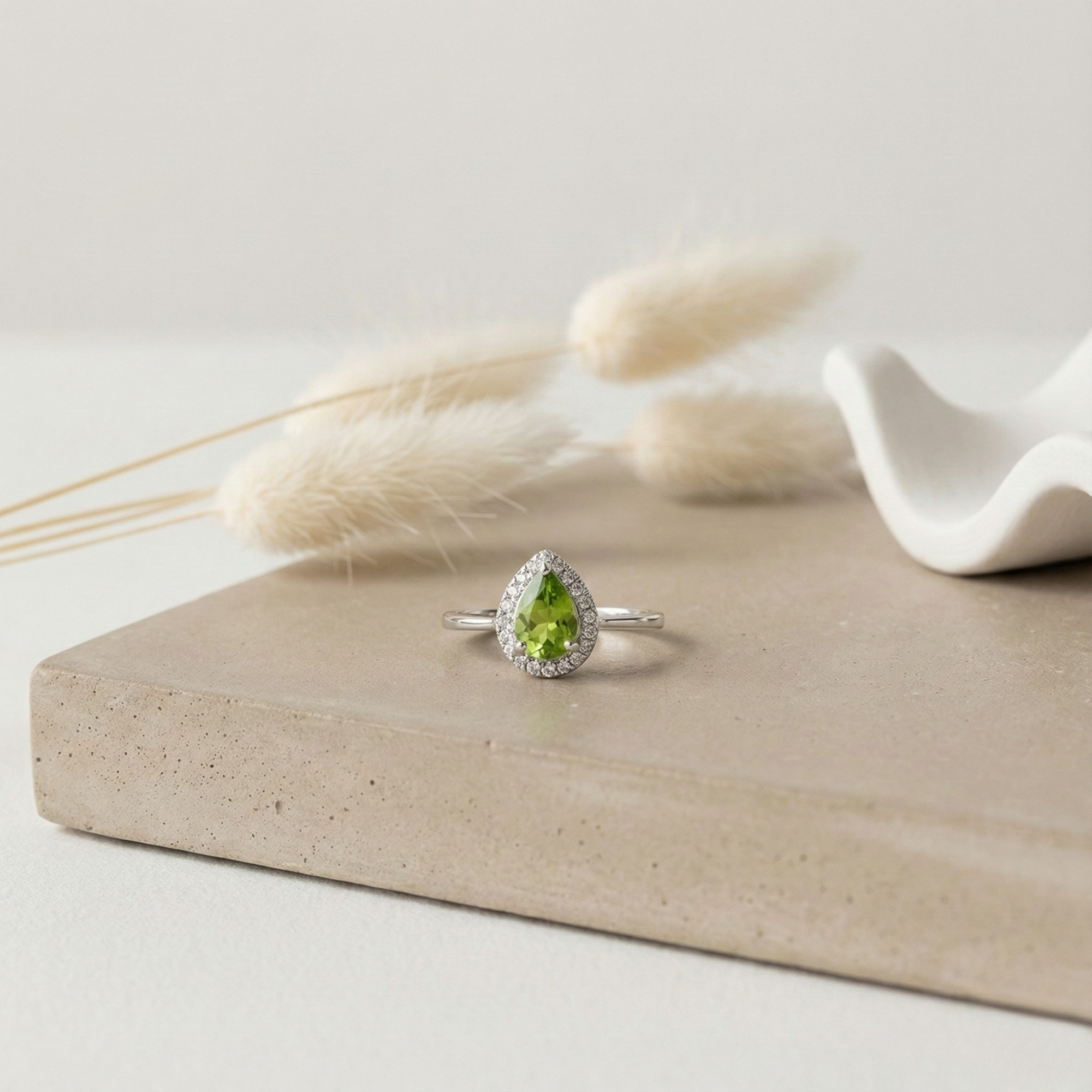 Natural Green Peridot Teardrop Halo Ring