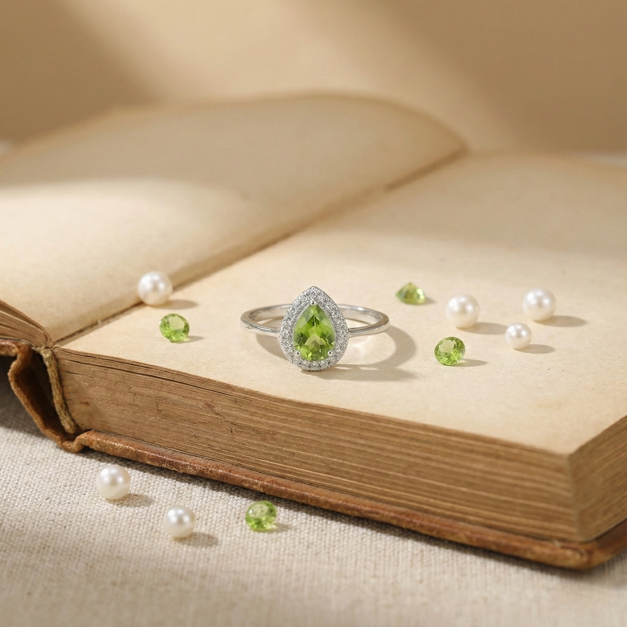 Natural Green Peridot Teardrop Halo Ring