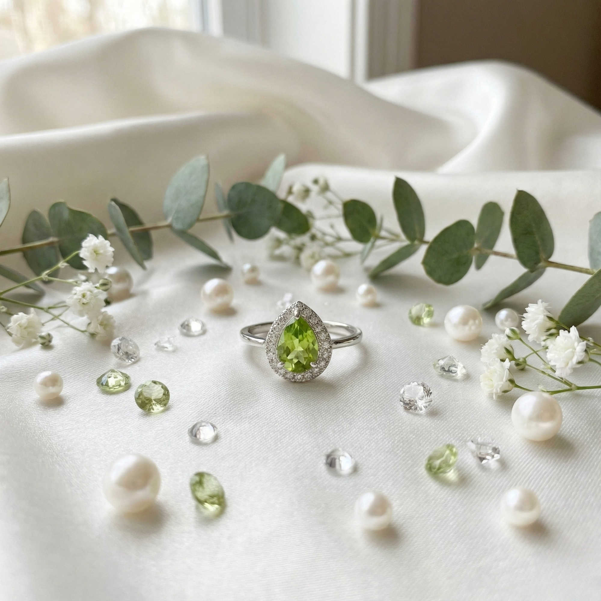 Natural Green Peridot Teardrop Halo Ring