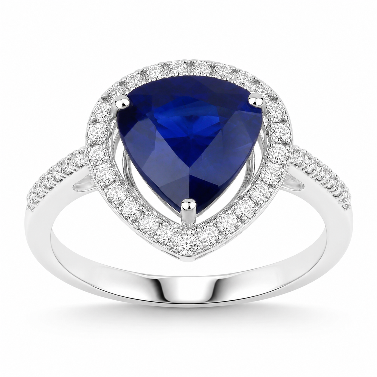 3.47 Ct Pear Ceylon Blue Sapphire and White Diamond Prong 18K White Gold Pave Halo Statement Ring